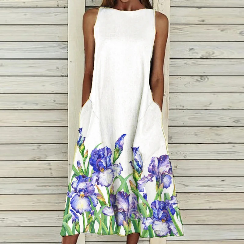 

Women Loose Long Dresses Fashion Sleeveless Pocket Printing Dress O-Neck Femme Vintage Summer Holiday Dress 2021 Vestidos