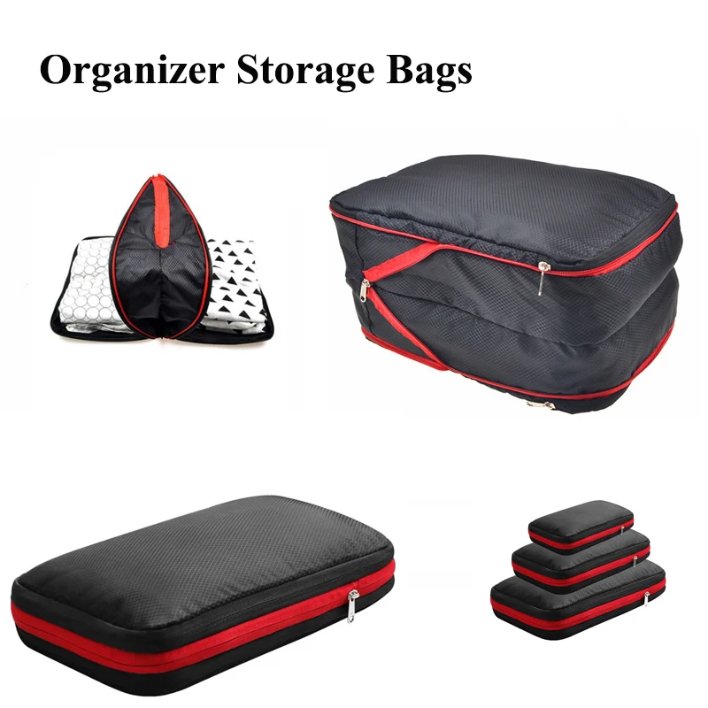 

Дорожная компрессионная сумка для хранения одежды, 3 шт., органайзер для багажа, сумка на молнии, набор для чемодана, нейлоновая двухслойная ...