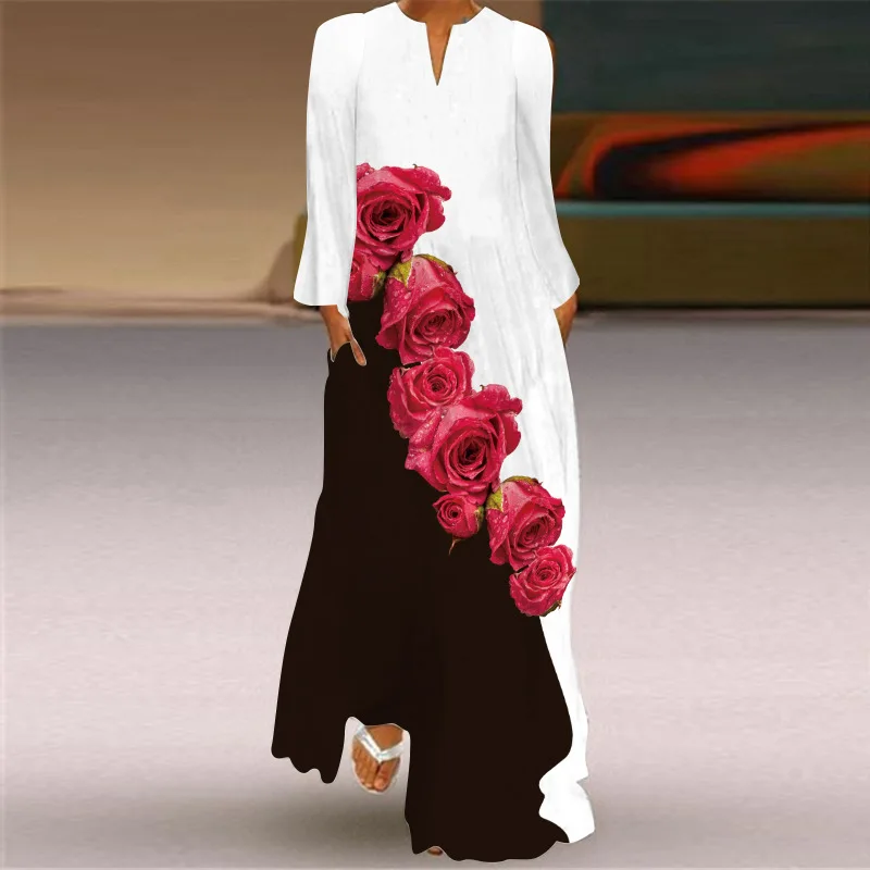 

Fashion Floral Print Autumn Dress 2021 Women's New V-Neck Pocket Long Sleeve Dress Multicolor Printed Large Size Maxi Dress Robe