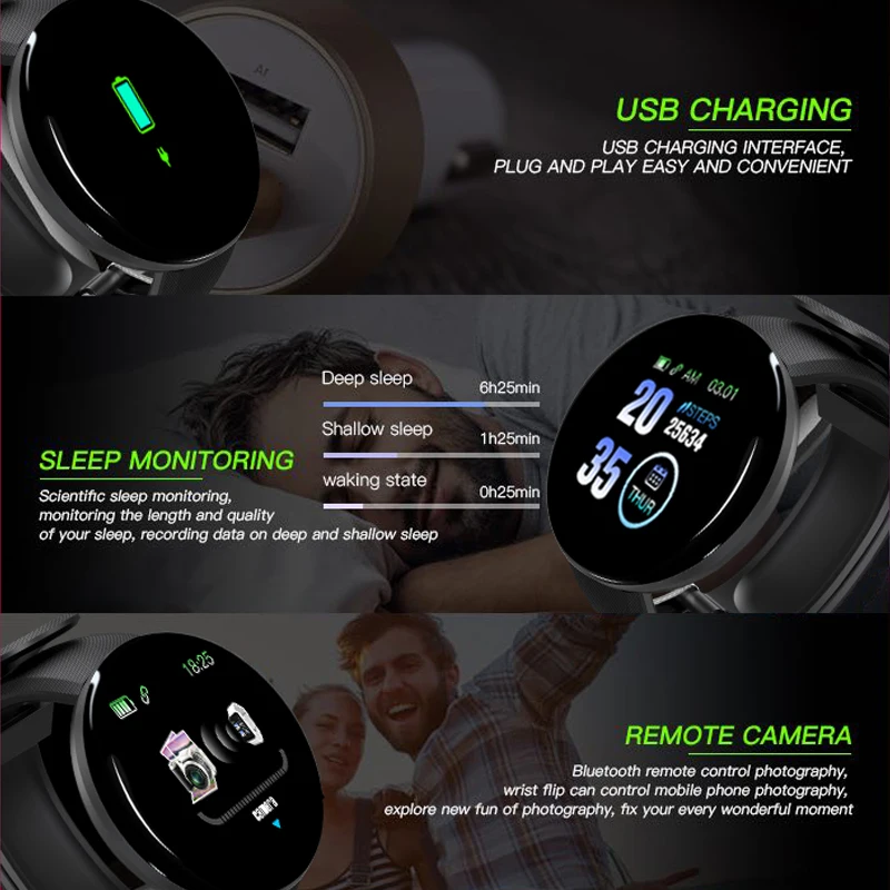 

D18 Electron Smart Watch Men/Women Bluetooth Smart Band Fitness Tracker Heart Rate Monitor Blood Pressure Smartwatch For Android