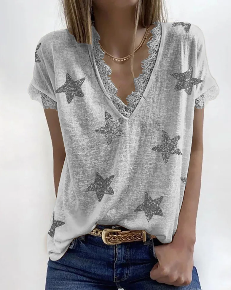 

Lace Woman Tshirts Aesthetic Clothes 2021 Summer Tops Geometric V-Neck Tees Streetwear Women Top Harajuku Plus Size Gray