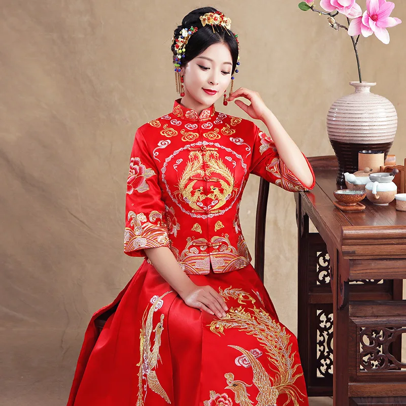 Летнее традиционное китайское свадебное платье с полурукавами и вышивкой в