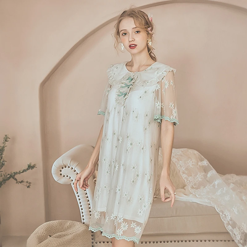 

Vintage Court Sleeping Dress Women 2021 Summer Sexy Lace Princess Nightdress Short Sleeve Thin Mesh Floral Print Sweet Nightgown
