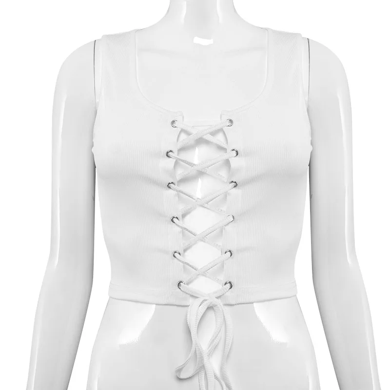 

Women's Fall 2021 New Sexy Square Neck Sleeveless Cut Out Lace Up Solid Rib T-shirt For Women