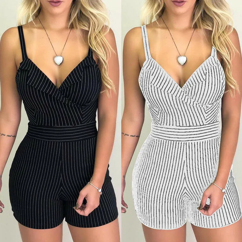 

Sexy Women Boho Playsuit Jumpsuit Rompers Summer Beach Casual Mini Short Playsuit V-neck Strap High Waist Striped Romper Trouser
