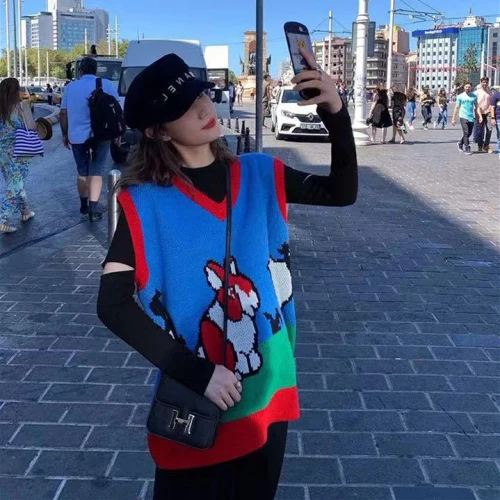 Сделанный из пряжи женский пуловер без рукавов Осень японский Kawaii мультфильм Животные V шеи вязаная кофта без рукавов Синий Розовый T390