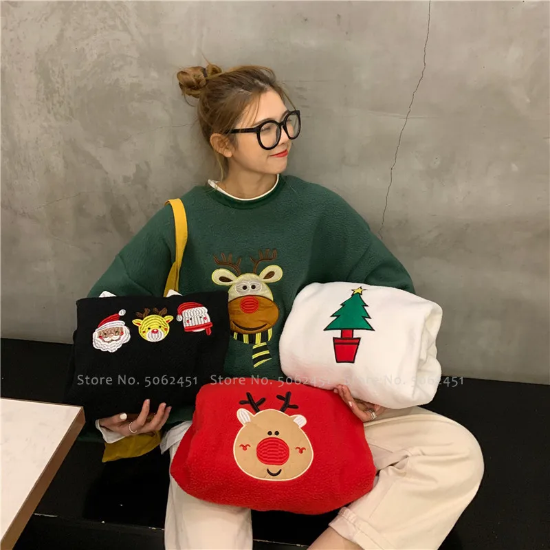 

Christmas Girls Student Cute Sweet Fashion Printed Lambswool Warm Elk Women Xmas Santa Sweatshirt Family Matching Hoodie Tops