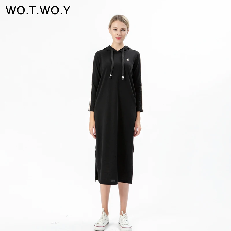 Платье с капюшоном WOTWOY повседневное Хлопковое платье до середины икры карманами