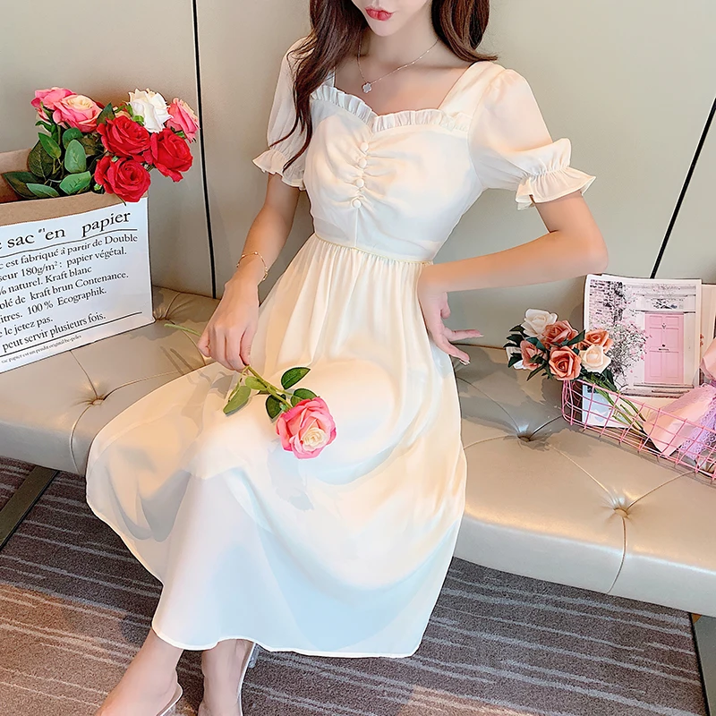 

COIGARSAM French Style Women dress New Summer Dresses Shallow Apricot 1837
