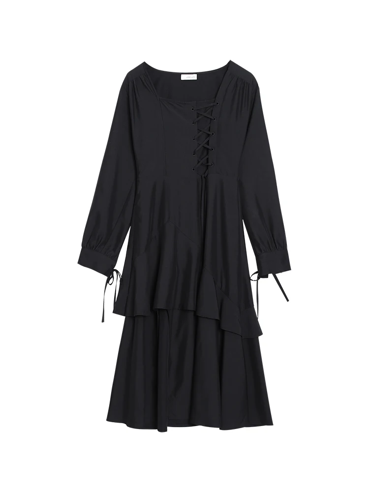 

Ruffles A-line long sleeve Party Dress Korea Clothing Dress Women 2020 Autumn Elegant Vintage Black Dress Fashion Lace-up
