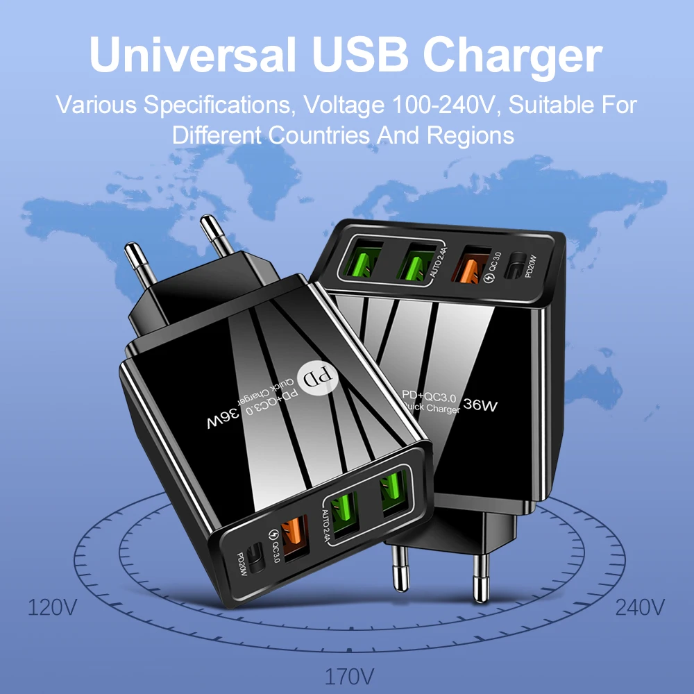 PD USB C зарядное устройство 36 Вт 4 порта быстрая зарядка 3.0 мобильный телефон
