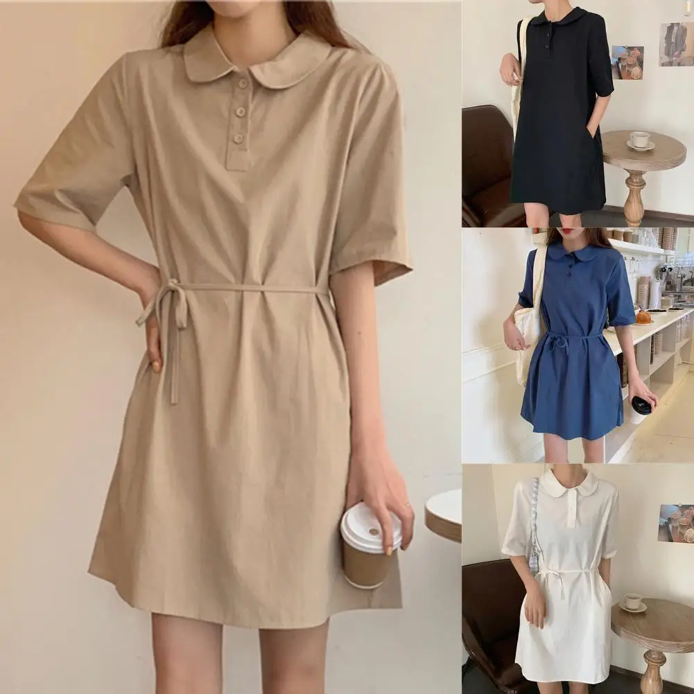

80% Hot Sales!!Summer Dress Solid Color Buttons Women Short Sleeve Lapel Dress for Dating