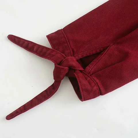 Женская ВИНТАЖНАЯ ДЖИНСОВАЯ КУРТКА, бордовая модная куртка с длинным рукавом и бантом, с карманами, джинсовая куртка с отложным воротником, 2020