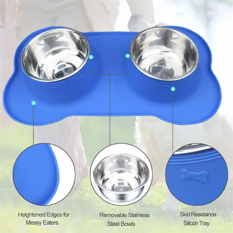 Stainless Steel Double Dog Bowl Travel Feeding Water Non-Skid Silicone Mat For Pet Cat Puppy Food Dish | Дом и сад