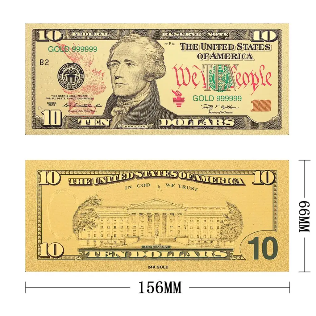 Американский десять долларовая банкнота в центре сообщений течение 24k