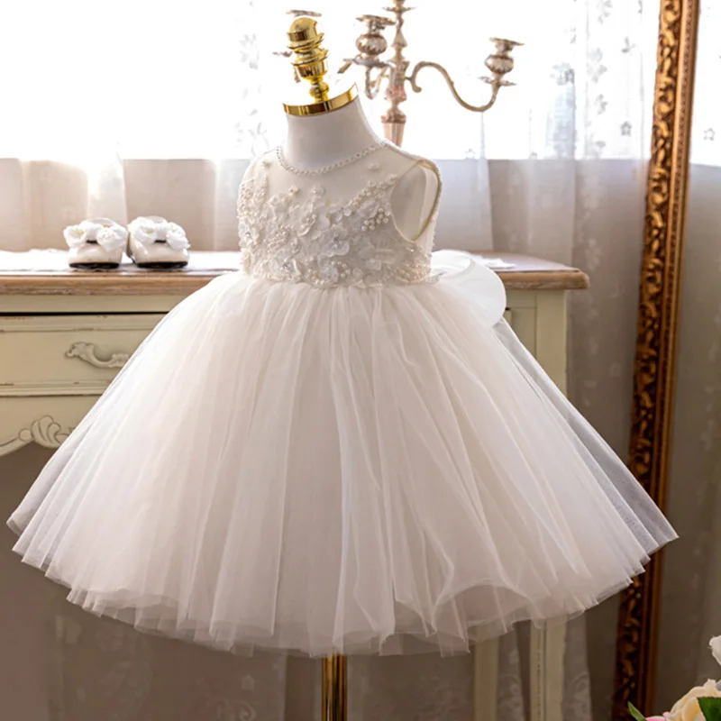 

Летние белые платья для маленьких девочек с цветами, кружевное платье с бусинами для крещения для девочек, детское платье на день рождения, ...