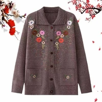 new autumn middle aged elderly womens embroidery knit cardigan jacket single breasted slim sweater coat thin grandma clothing
