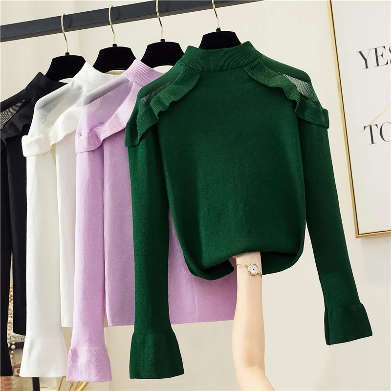 

Women's Autumn Winter Top Korean Style Ruffled Mesh Long-sleeved Sweater New Solid Color Slim Female Bottoming Tops GX469