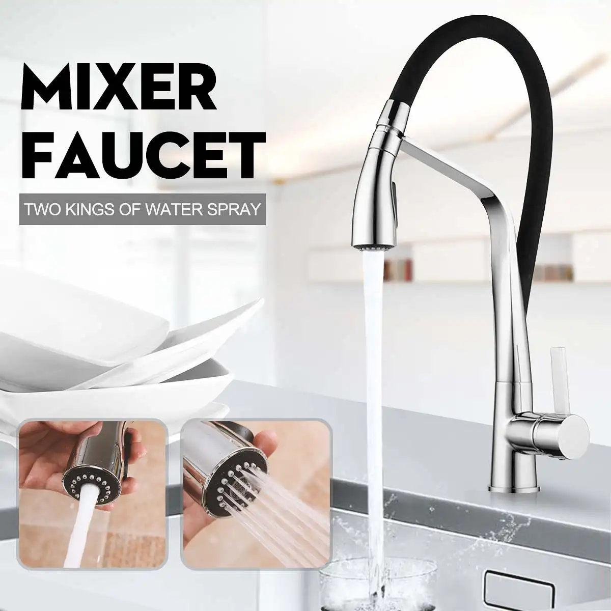 

Chrome Mixer Faucet Kitchen Faucets with Rubber Design for LED Kitchen Single Handle Pull Down Deck Mounted Crane for Sinks