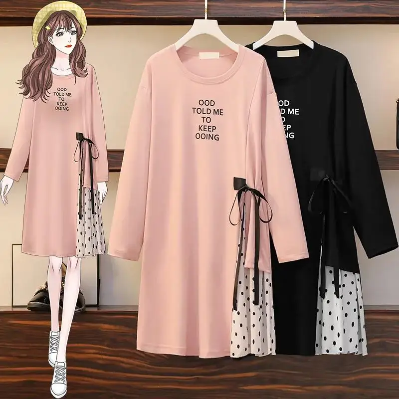 

Plus Size Long-Sleeved Vestidos Hoodies Women 2021 Spring Autumn Dress Stitching Polka-dot Bottoming Shirt Fashion Tops Female
