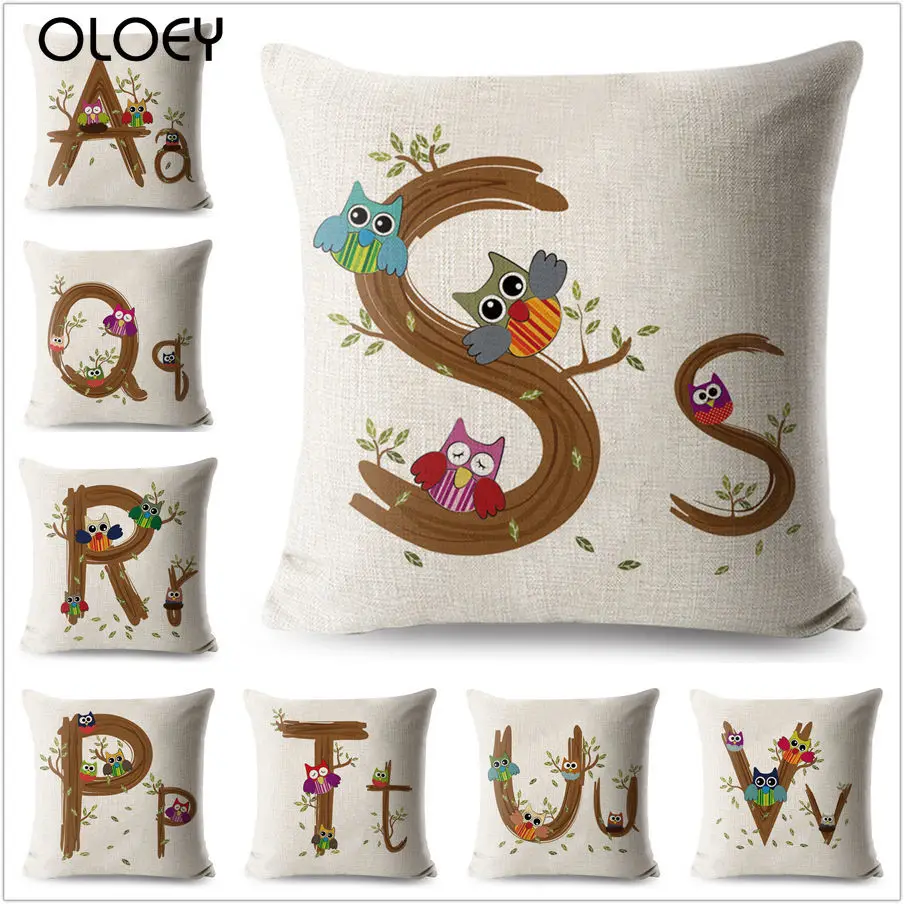 

A-Z Owl Letter Cushion Cover Decor Cartoon Animals Printed Pillowcase 100% Polyester Pillow Case for Sofa Home 45*45 cm