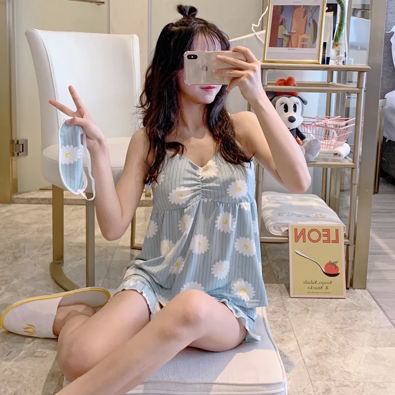 

Summer Pajamas Women Summer Sleeveless Thin Sleepwear Cute Sexy Flowers Print Pyjamas Two piece Home Clothes With Chest Pad