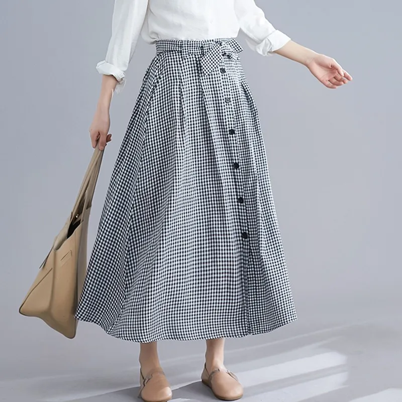 Женская длинная повседневная юбка с высокой талией винтажная клетчатая