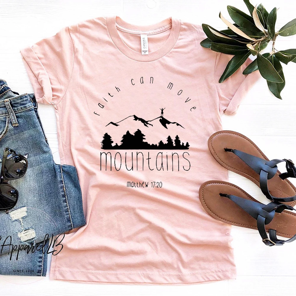 Faith Can Move Mountains Matthew 17:20 Christian Tshirt Cotton T Shirt Women Jesus Bible Graphic T-shirt 90s Big Size Top | Женская