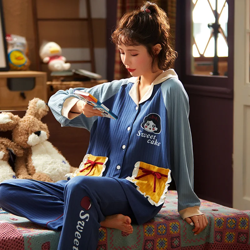 

Pajamas Set Spring Autumn Ladies New Button Green Long Sleeve Long Pants Sleepwear Fashion Style Casual Style Woman Clothes