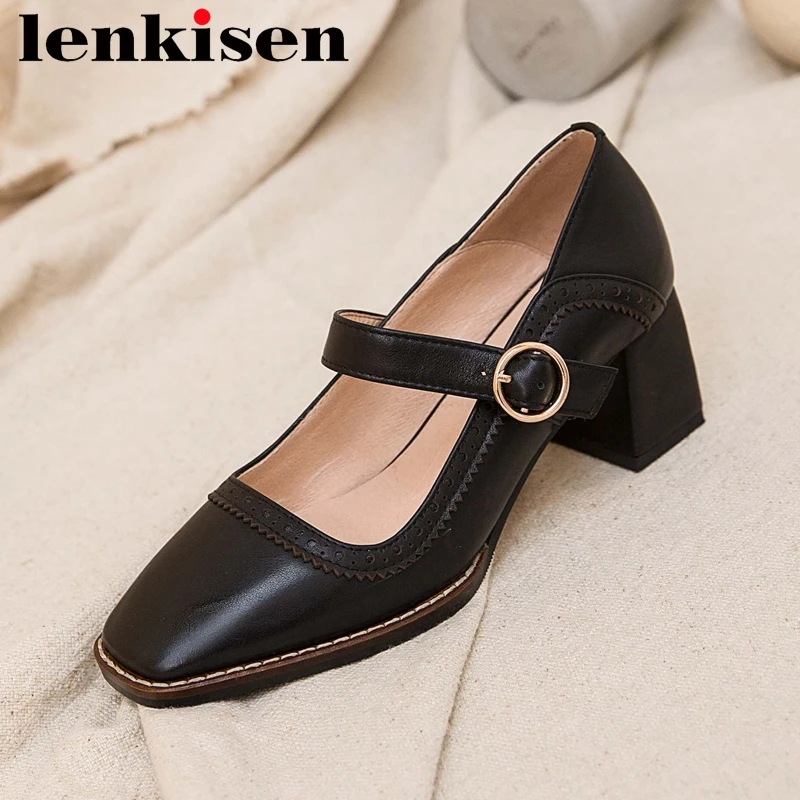 

Lenkisen vintage Mary janes genuine leather square toe high heels shallow buckle strap interstar young lady daily wear pumps L09