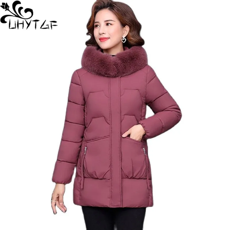 

UHYTGF Quality Down Jacket Female 2021Fur Collar Hooded Cold Protection Winter Coat Women's Warm Mother Plus Size Outerwear 1866