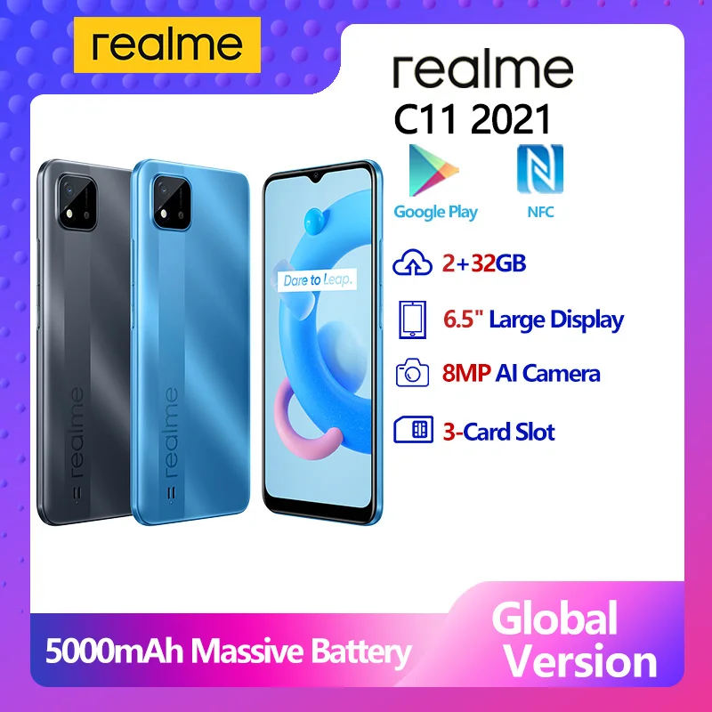 Realme C11 mundial de 2021 2GB RAM 32GB ROM 6,5 "HD + 8MP c&aacute;mara de IA 5000mAh bater&iacute;a de larga duraci&oacute;n NFC-0