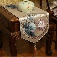 fine embroidery lotus chinese silk satin table cloth runner rectangle party coffee tablecloth luxury decorative placemat