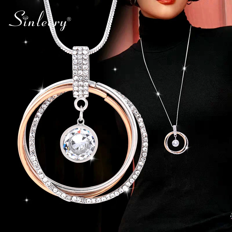 

SINLEERY Multilayer Circle Pendant Necklace Silver Color Long Chain Clear Gray Crystal Ball Women Neckalce Jewelry MY458 SSB