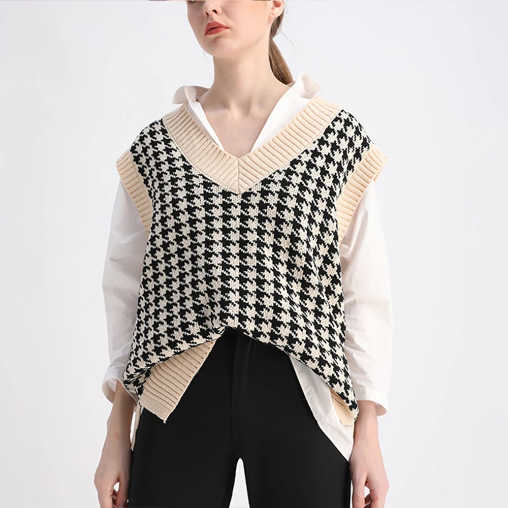 

Autumn Women Spring Oversized Houndstooth Knitted Vest Sweater Vintage Sleeveless Side Vents Female Waistcoat Chic Tops 2021