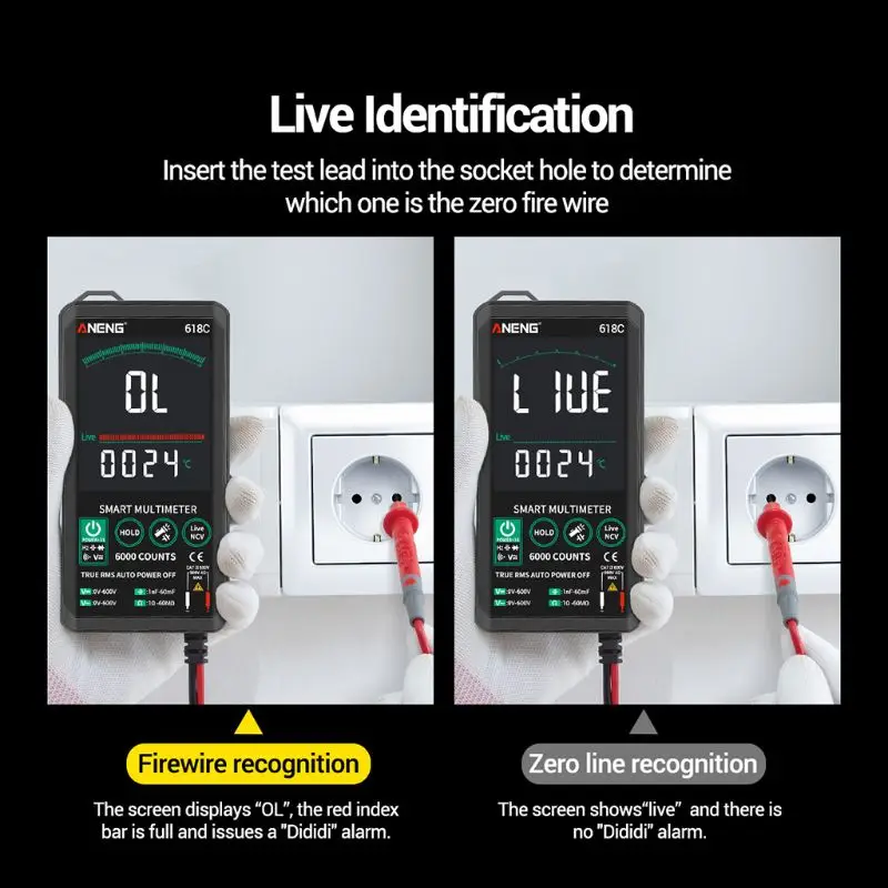 

618C Digital Multimeter Smart Touch AC DC True RMS Transistor NCV Tester Meter B95A