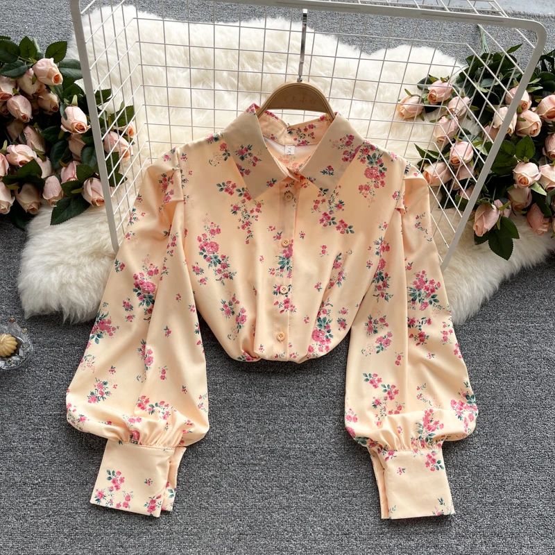 

Oversize Women Floral Print Blouses Elegant Big Lantern Sleeve Office Blusas 2021 Fashion Casual Turn Down Collar Tunic Tops New