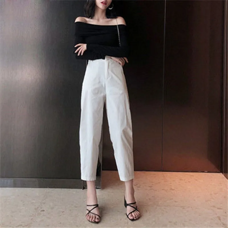 

Женские свободные брюки до щиколотки, повседневные универсальные хлопковые шаровары на пуговицах с талией, модель W499 в Корейском стиле на л...