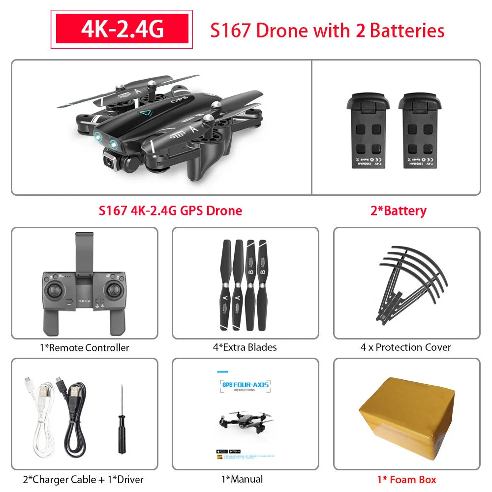 S167 gps Дрон 4K 5G wifi 1080P FPV камера дроны gps следуем за мной высота держать широкоугольный Квадрокоптер с камерой складной Радиоуправляемый Дрон - Цвет: 4K 2B FB