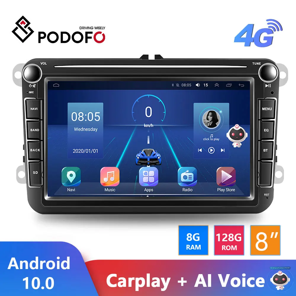 $96.66 Podofo AI Voice 2 din Android Auto Radio For VW Volkswagen Golf Polo Tiguan Passat skoda Carplay 4G Car Multimedia GPS autoradio
