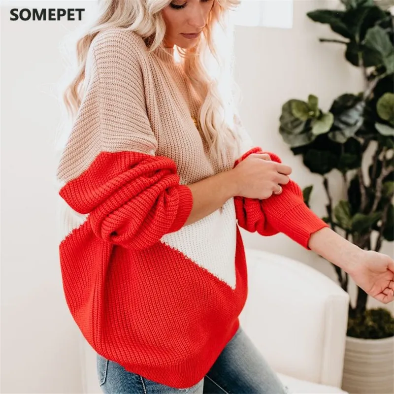 

Loose Knitted Sweater Women Jumpers Long Sleeve o-neck Woman Pullovers Sweater 2020 Autumn Winter Color Block Casual Sweater New