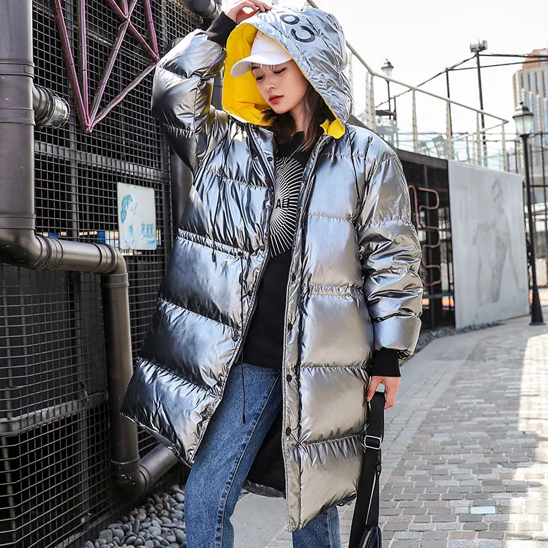 silver gray Металлическая яркая зимняя куртка женская модная цветная Водонепроницаемая пуховая куртка с капюшоном Женская Толстая теплая зимняя парка Женская 178 - Цвет: silver gray