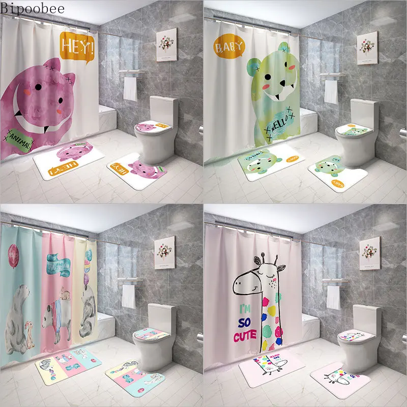

Забавные тканевые занавески для душа Bipoobee в виде животных, комплект занавески для ванной комнаты, коврик для унитаза с 3d принтом, Нескользящ...