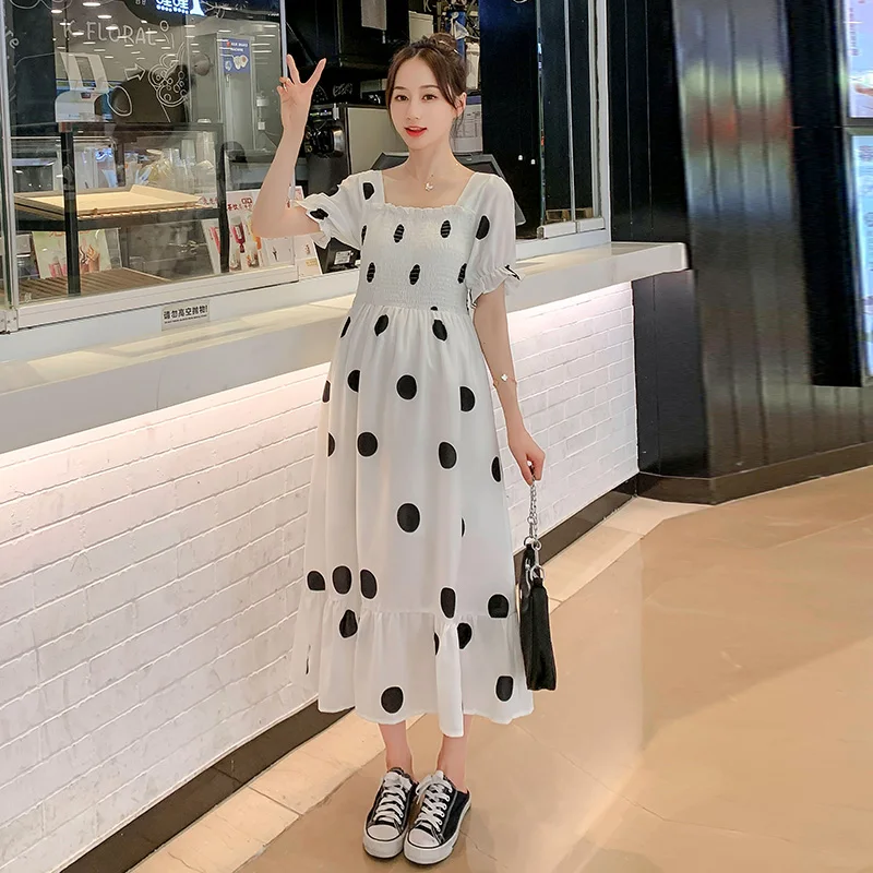 Vestido largo de maternidad A la moda coreana para mujer embarazada, ropa elegante de corte en A para embarazo, dulce lunares, verano, 9398, #2021-2
