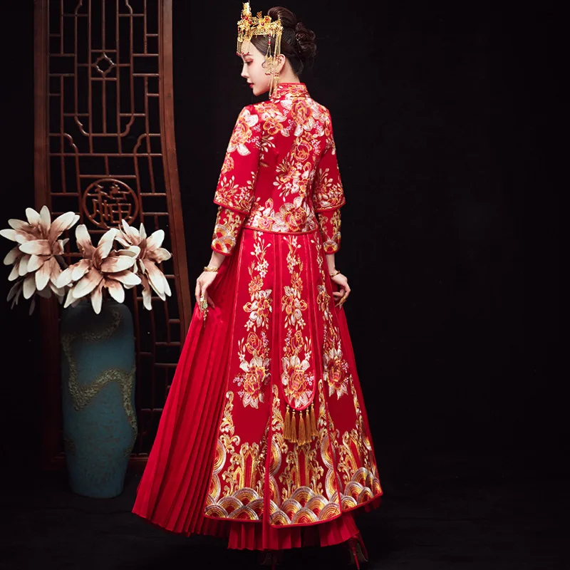 

Suzhou Embroidery Choengsam Elegant Floral Wedding Dress Chinese Style Marriage Set Exquisite Bride Costume Large Size S-6XL