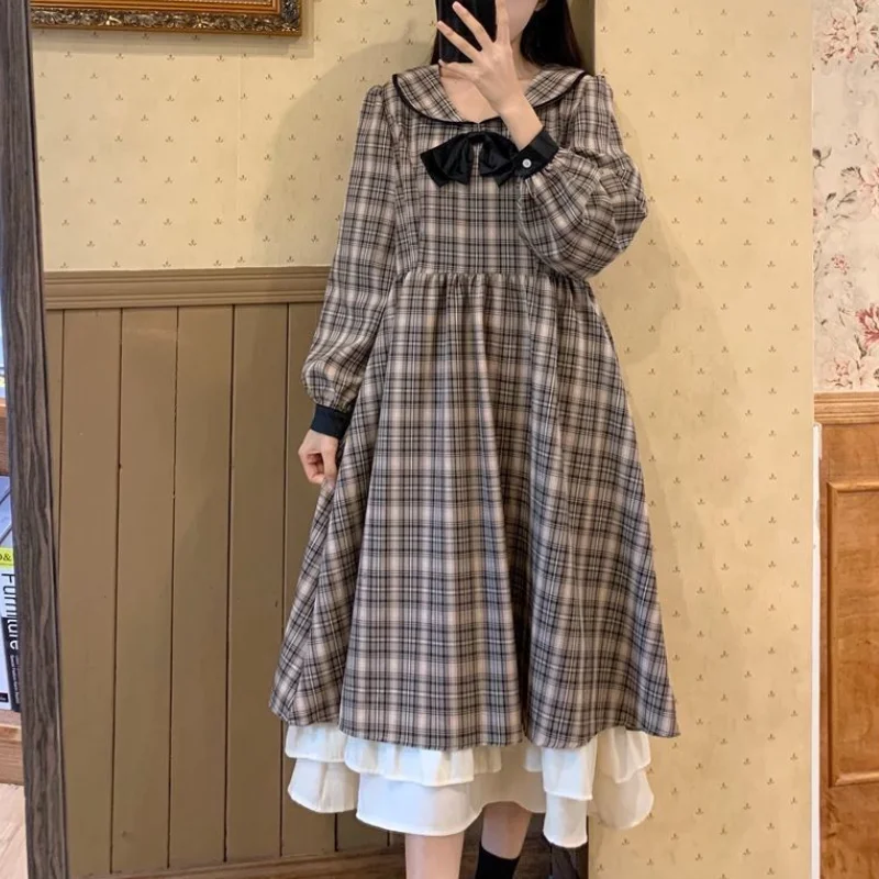 

Vintage Dress Women Elegant Plaid Lolita Long Sleeve Dress Bow Mori Girl Ruffle Preppy Style Outfit Spring Autumn