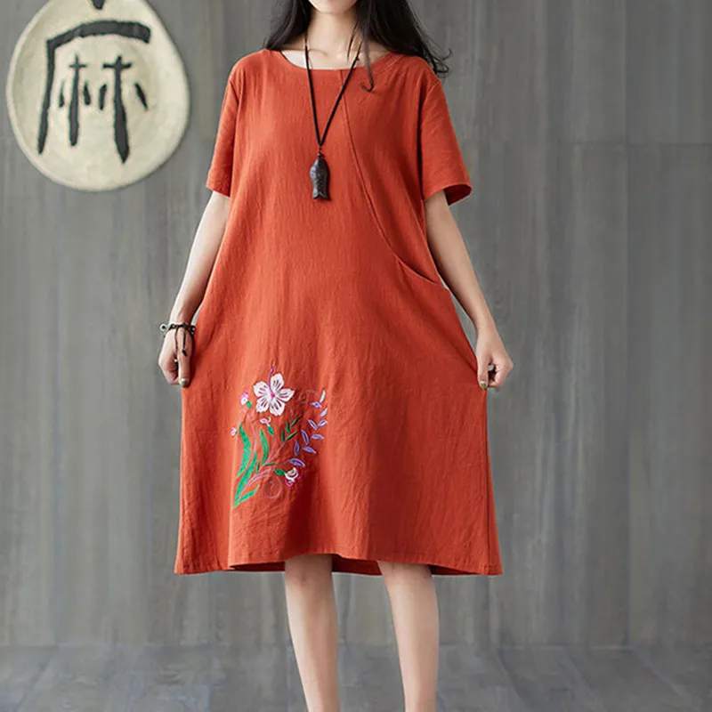 

2021 New Arrival Short Sleeve Loose Summer Dress Cotton Embroidery Floral Vintage Dress Holiday Travel Casual Women Beach Dress