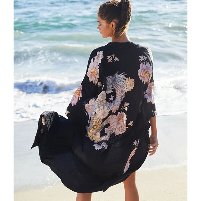 

2021 Swimwear Cover-ups Bohemian Printed Long Kimono Cardigan Open Front Women Plus Size Beach Wear Swim Suit Cover Up