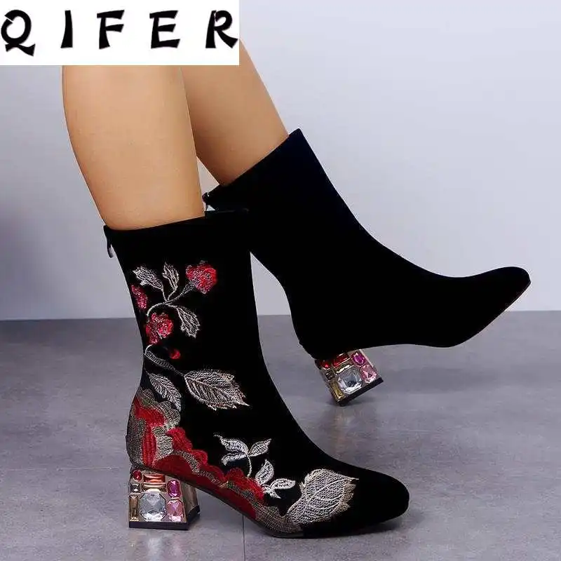 

New Women High Heel Autumn Mid Calf Boots Female Zip Rhinestones Platform Sexy Spike Heels Plus Size Ladies Fashion Shoes