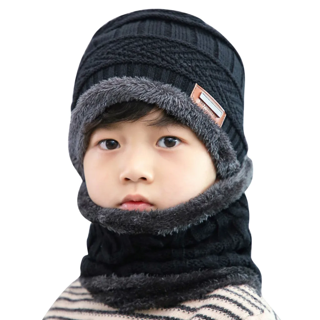 2 Pcs Set Baby's Hat Banie Toddler Infant Fleece Contrast Colors Knitted Warm Winter Hats For Kid Hat+Scarf Two Piece #66 | Детская